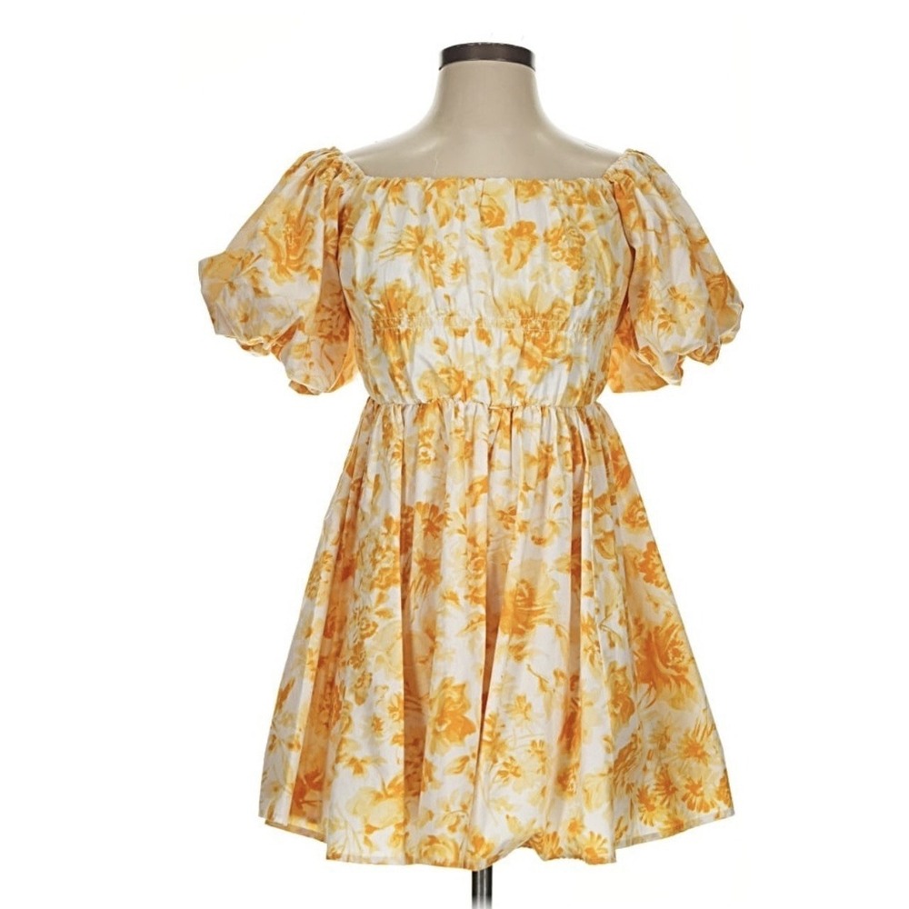 Abercrombie & Fitch Off The Shoulder Puff Sleeve Yellow Floral Mini Dress Sz MT
